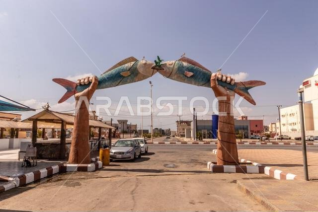 FARASAN, SAUDI ARABIA - NOVEMBER 22, 2021: Fish market gate on Farasan island, Saudi Arabia FARASAN, SAUDI ARABIA - NOVEMBER 22, 2021: Fish market gate on Farasan island, Saudi Arabia