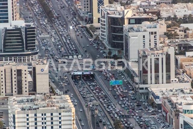 RIYADH, SAUDI ARABIA - DECEMBER 1, 2021: Aerial view of the King Fahd road in Riyadh, Saudi Arabia