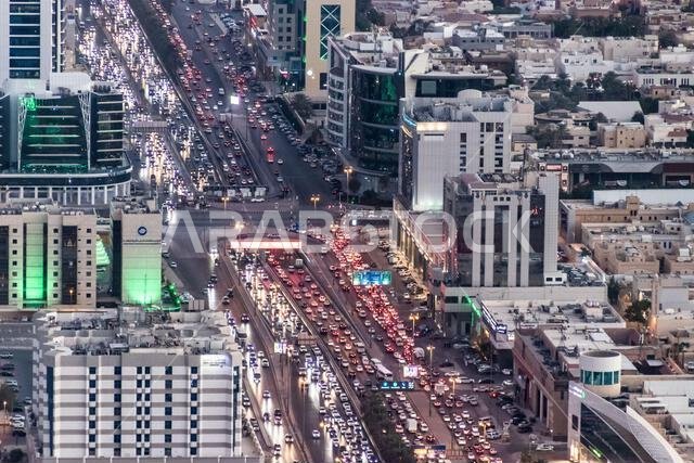 RIYADH, SAUDI ARABIA - DECEMBER 1, 2021: Aerial view of the King Fahd road in Riyadh, Saudi Arabia