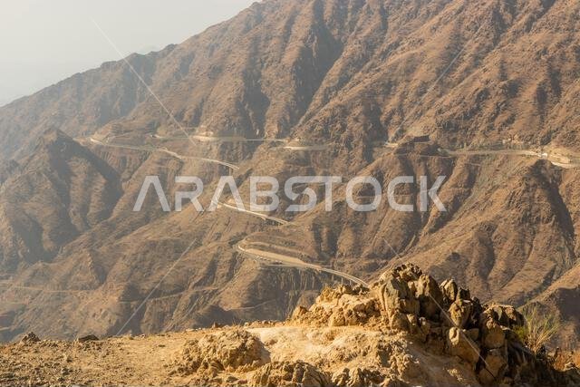 Deep valley with King Fahd Road in Sarawat mountains near Al Baha, Saudi Arabia