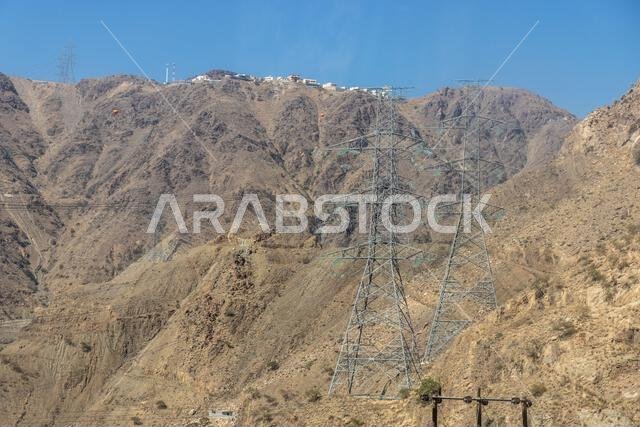 Pylons of high voltage transmission near Abha, Saudi Arabia