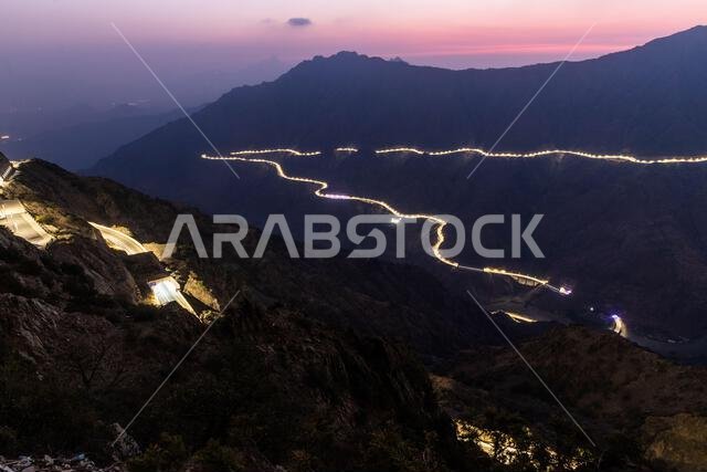 Evening view of a deep valley with King Fahd Road in Sarawat mountains near Al Baha, Saudi Arabia