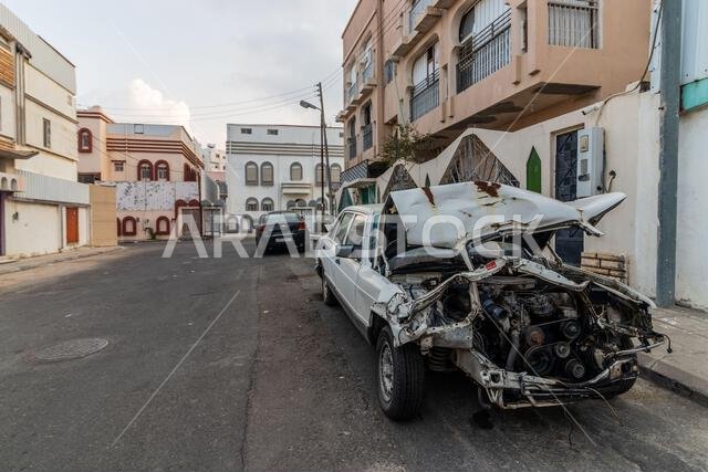 Crashed car on a street in Abha, Saudi Arabia Crashed car on a street in Abha, Saudi Arabia