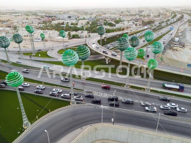 Drone photo of busy motorway The Green Field Riyadh KSA