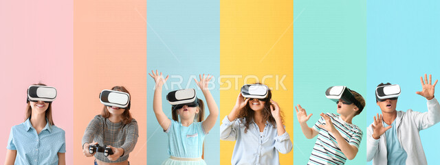 بورتريه لمجموعة من الأطفال بمهن مختلفة، يرتدون نظارات الواقع الإفتراضي ثلاثية الأبعاد ، بإيماءات و تعابير مختلفة ، المتعة و التسلية بألعاب الفيديو و العالم الافتراضي، خلفية ملونة