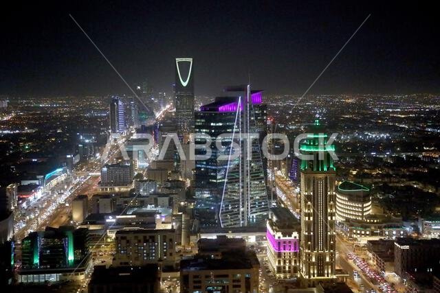 Riyadh, Saudi Arabia – September 11, 2024: Central Riyadh at night, with the Kingdom Tower rising above the city