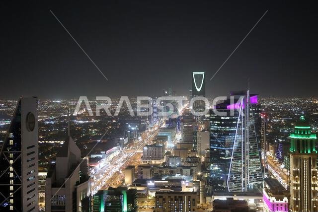 Riyadh, Saudi Arabia – September 11, 2024: Central Riyadh at night, with the Kingdom Tower rising above the city