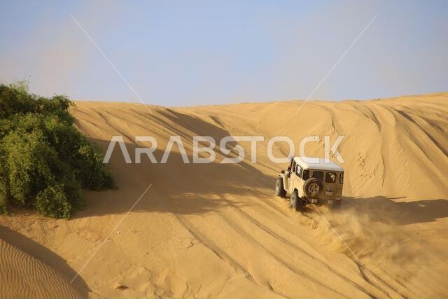 Nawan , Saudi Arabia  Jan 7 2023: 4x4 cars drift across Saudi Arabia’s striking sand desert. The vehicles perform thrilling maneuvers, on sand dunes