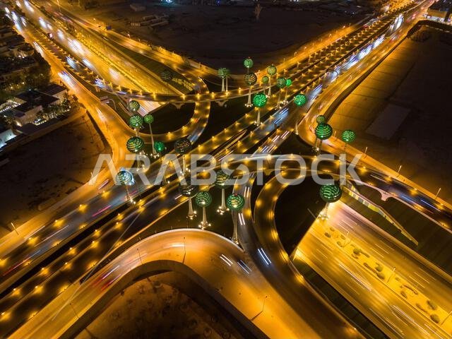 Drone photo of busy motorway The Green Field Riyadh KSA. Night.