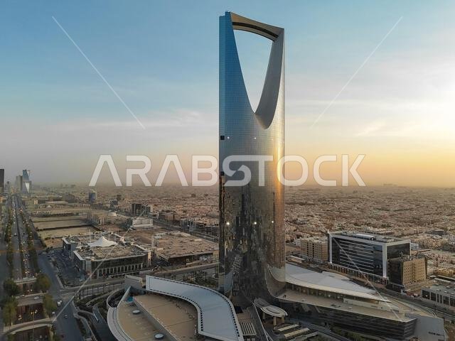 Drone shot flying. Saudi Arabia. Riyadh. Sunrise. Kingdom Tower