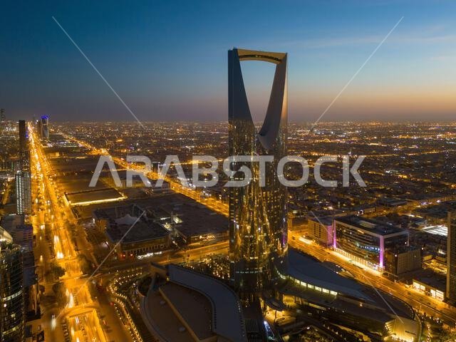 Drone shot flying. Saudi Arabia. Riyadh. Kingdom tower. Sunset. Evening. Drone shot flying. Saudi Arabia. Riyadh. Kingdom tower. Sunset. Evening.