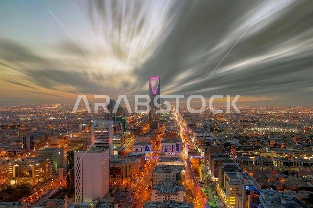Riyadh city skyline drone shoot .Drone shot King Fahd Road in Riyadh capital city of Saudi Arabia Riyadh city skyline drone shoot .Drone shot King Fahd Road in Riyadh capital city of Saudi Arabia