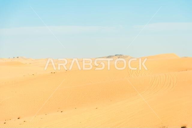 A wide shot of a sandy desert landscape under a clear blue sky. The sand dunes create a mesmerizing pattern in the distance