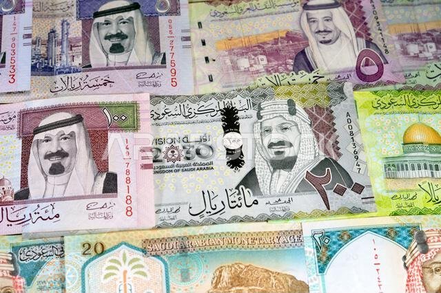 Saudi Arabia money banknotes of riyals bills, of different values features various kings of Saudi Arabia, money and economic status of the currency, i