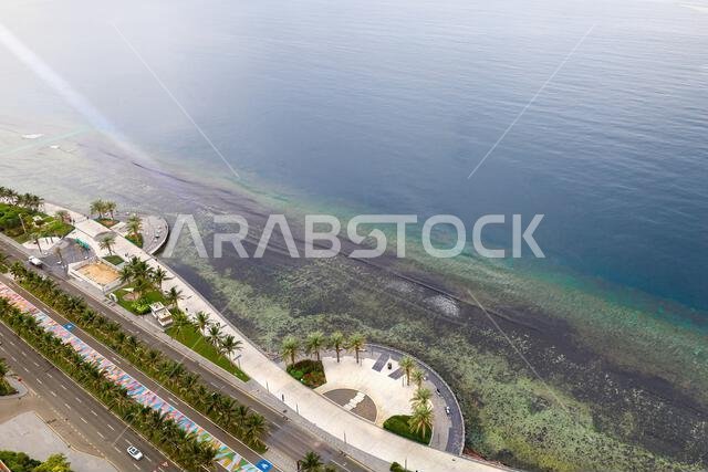 جدة، المملكة العربية السعودية، 6 فبراير 2023 - كورنيش جدة، منظر جوي لواجهة جدة البحرية، ساحل البحر الأحمر
