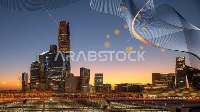 Photoshop Futuristic urban King Abdullah Financial District Riyadh skyline. Global communication and network. Known as KAFD
