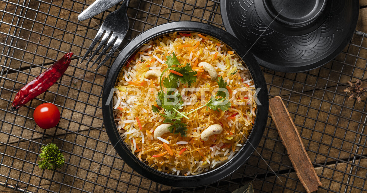 A plate of delicious biryani rice, dazzling rice, traditional Arab food