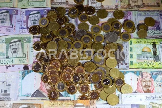 عملات معدنية من الريال السعودي، فئات 2 و1 ونصف وربع ريال، بالإضافة إلى أوراق نقدية من الريال السعودي بقيم مختلفة، ورموز نقدية واقتصادية.