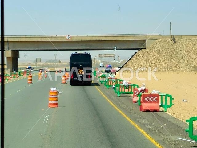 Makkah Madinah road, Saudi Arabia, June 25 2024: A road security and traffic check point at Mecca Medina highway road, Tourism and pilgrimage concept