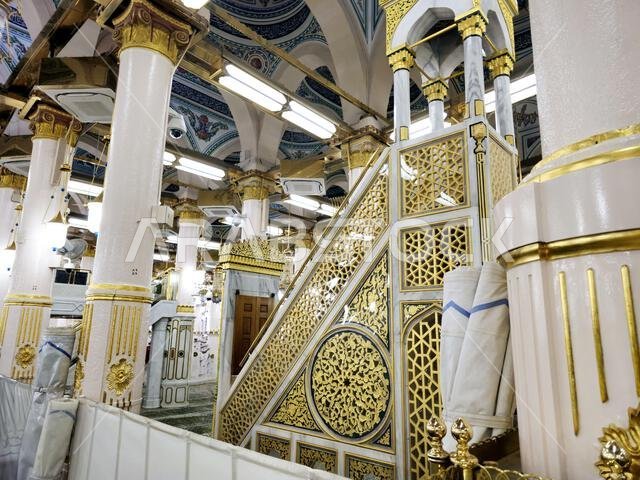 Medina, Saudi Arabia, June 26 2024: Al Rawda Al Sharefa, The Grave of Prophet Muhammed peace be upon him, with the 1st two Islamic caliphs after him A
