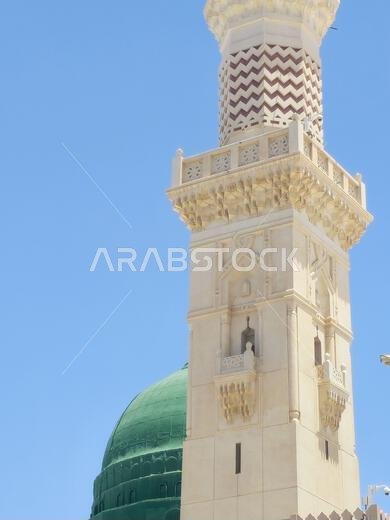 The Minaret and the Green dome of The Prophet's Mosque or Al Masjid Al Nabawi, a major site of pilgrimage that falls under the purview of the Custodia