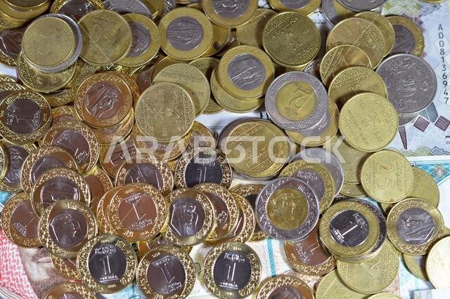 عملات معدنية من الريال السعودي، فئات 2 و1 ونصف وربع ريال، بالإضافة إلى أوراق نقدية من الريال السعودي بقيم مختلفة، ورموز نقدية واقتصادية.