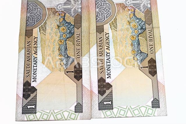 Reverse side of an old Saudi Arabia banknote bill, one 1 Riyal SAR features a landscape scene and the Saudi Arabian national emblem of two swords belo Reverse side of an old Saudi Arabia banknote bill, one 1 Riyal SAR features a landscape scene and the Saudi Arabian national emblem of two swords belo