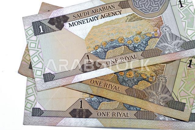 Reverse side of an old Saudi Arabia banknote bill, one 1 Riyal SAR features a landscape scene and the Saudi Arabian national emblem of two swords belo