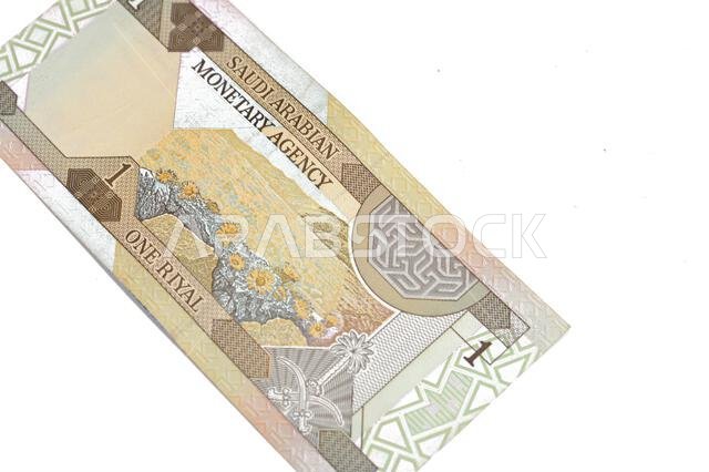 يُظهر الوجه الخلفي لورقة نقدية سعودية قديمة من فئة ريال واحد منظرًا طبيعيًا وشعار المملكة العربية السعودية المتمثل في سيفين أسفله.