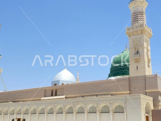 The Minaret and the Green dome of The Prophet's Mosque or Al Masjid Al Nabawi, a major site of pilgrimage that falls under the purview of the Custodia