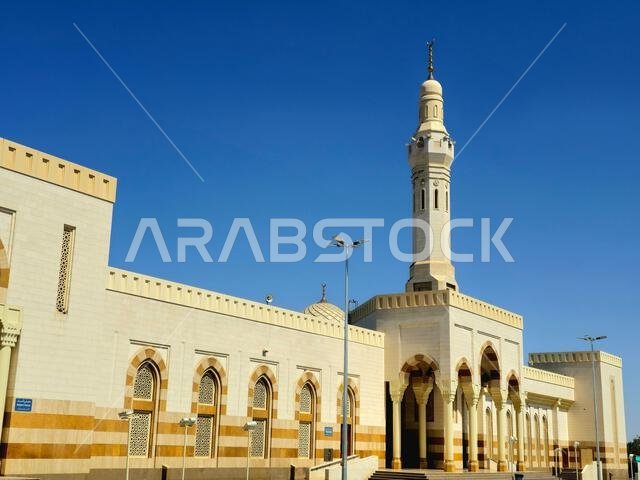 Medina, Saudi Arabia, June 27 2024: Mosque of Mount Uhud, a mountain north of Medina, the site of the second battle between the Islamic prophet Muhamm