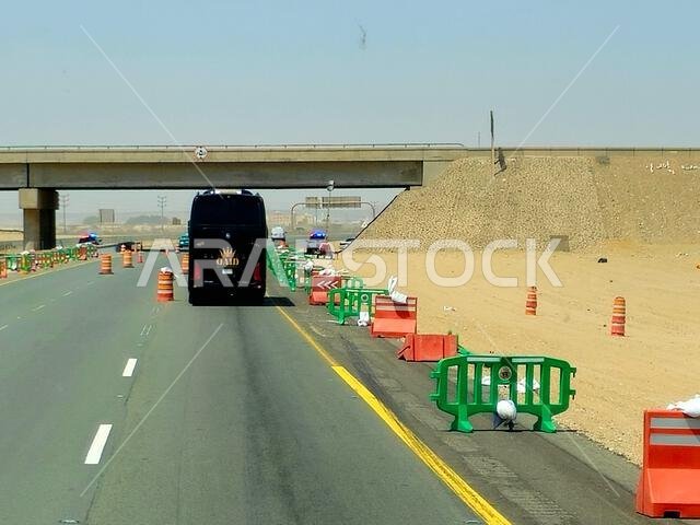 Makkah Madinah road, Saudi Arabia, June 25 2024: A road security and traffic check point at Mecca Medina highway road, Tourism and pilgrimage concept