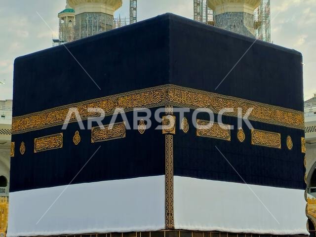 Mecca, Saudi Arabia, June 12 2024: The Holy Kaaba in Ihram Kiswa or clothing, a white cloth symbolizing the Ihram is put on the Kabah building in pilg