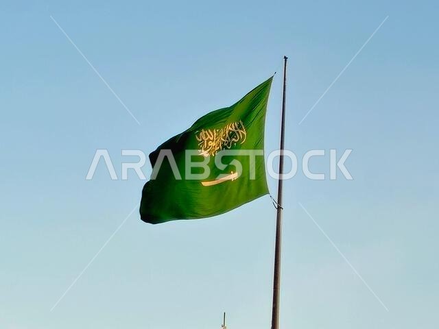 The national flag of Saudi Arabia kingdom, a green background with Arabic inscription and a sword in white, with inscription of the Islamic creed, or