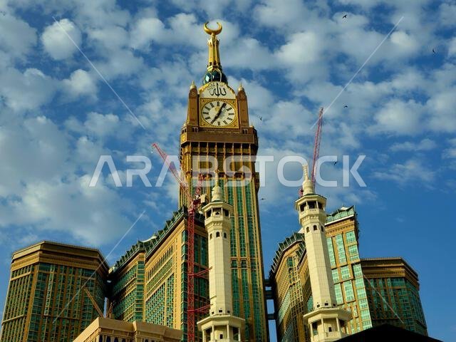 Mecca, Saudi Arabia, June 12 2024: The Clock Towers near Kaaba, a government-owned complex of seven skyscraper hotels in Mecca, a part of King AbdulAz