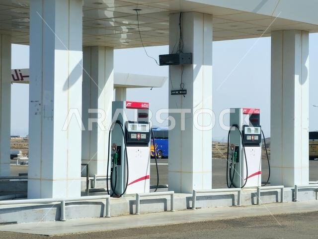 Madinah Makkah Road, Saudi Arabia, June 25 2024: Al Mawarid Petrol Station, El Mawared gas petrol station, petrol fuel price concept, Mawared Energy C