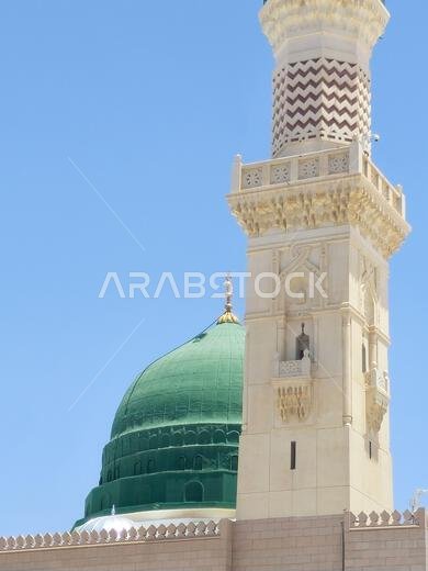 The Minaret and the Green dome of The Prophet's Mosque or Al Masjid Al Nabawi, a major site of pilgrimage that falls under the purview of the Custodia