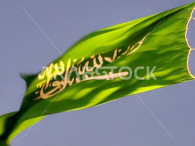 العلم الوطني للمملكة العربية السعودية، خلفية خضراء عليها كتابة عربية وسيف أبيض عليه كتابة للعقيدة الإسلامية، أو
