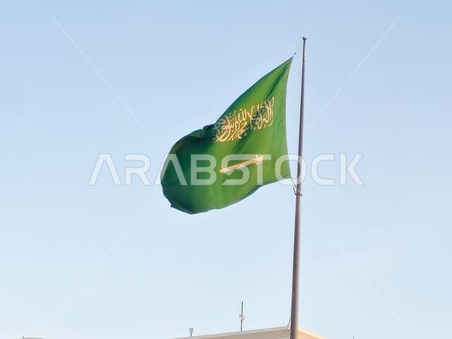 العلم الوطني للمملكة العربية السعودية، خلفية خضراء عليها كتابة عربية وسيف أبيض عليه كتابة للعقيدة الإسلامية، أو