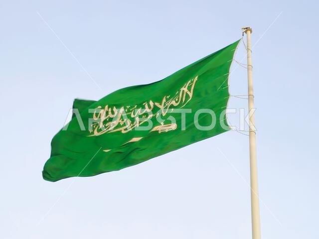 The national flag of Saudi Arabia kingdom, a green background with Arabic inscription and a sword in white, with inscription of the Islamic creed, or