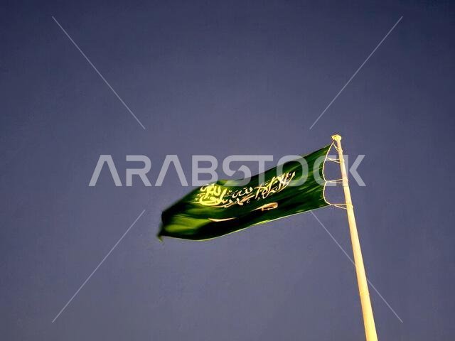 العلم الوطني للمملكة العربية السعودية، خلفية خضراء عليها كتابة عربية وسيف أبيض عليه كتابة للعقيدة الإسلامية، أو