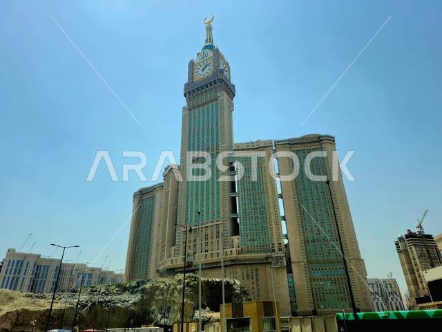 Mecca, Saudi Arabia, June 4 2024: The Clock Towers near Kaaba, a government-owned complex of seven skyscraper hotels in Mecca, a part of King AbdulAzi Mecca, Saudi Arabia, June 4 2024: The Clock Towers near Kaaba, a government-owned complex of seven skyscraper hotels in Mecca, a part of King AbdulAzi