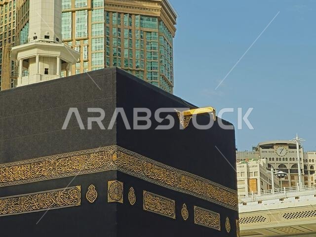 Mecca, Saudi Arabia, June 12 2024: Upper part of the holy Kaaba, al-Ka'ba al-Musharrafa, a stone building at the center of Islam's most important mosq