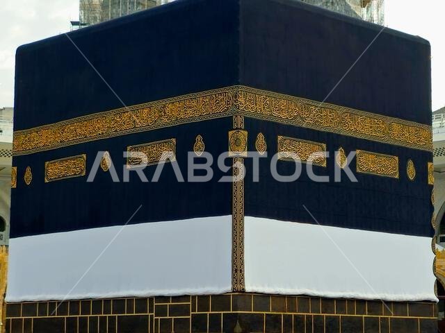 Mecca, Saudi Arabia, June 12 2024: The Holy Kaaba in Ihram Kiswa or clothing, a white cloth symbolizing the Ihram is put on the Kabah building in pilg