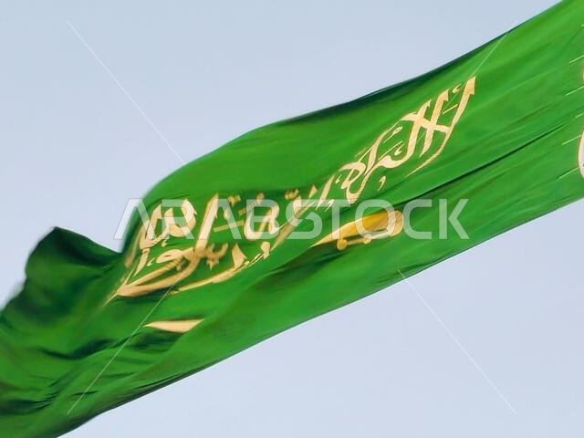 العلم الوطني للمملكة العربية السعودية، خلفية خضراء عليها كتابة عربية وسيف أبيض عليه كتابة للعقيدة الإسلامية، أو
