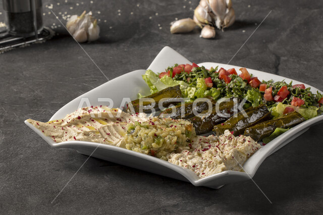 صورة مقربة لطبق من المقبلات المشكلة، أكلات عربية، مأكولات عربية، أطباق شعبية، وصفات وأطباق طعام لذيذة، وجبات الطعام اللذيذة والشهية، مطاعم شرقية، مقبلات الطعام اللذيذة، مطاعم للمأكولات العربية الشرقية