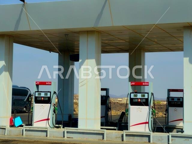 Madinah Makkah Road, Saudi Arabia, June 25 2024: Al Mawarid Petrol Station, El Mawared gas petrol station, petrol fuel price concept, Mawared Energy C