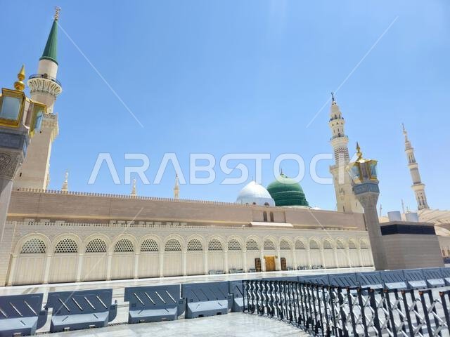 Medina, Saudi Arabia, June 26 2024: The Exterior view of The Prophet's Mosque or Al Masjid Al Nabawi, a major site of pilgrimage that falls under the