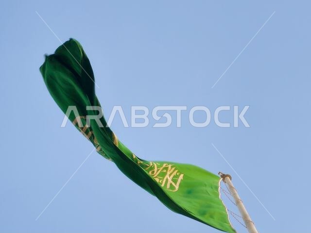 العلم الوطني للمملكة العربية السعودية، خلفية خضراء عليها كتابة عربية وسيف أبيض عليه كتابة للعقيدة الإسلامية، أو