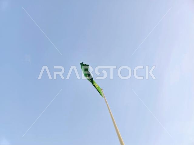 العلم الوطني للمملكة العربية السعودية، خلفية خضراء عليها كتابة عربية وسيف أبيض عليه كتابة للعقيدة الإسلامية، أو